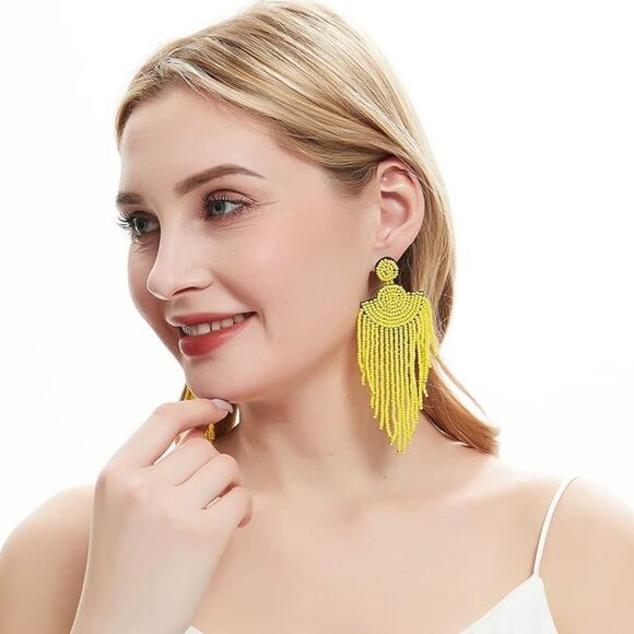 Long Boho Yellow Beaded Tassel Fringe Dangling Drop Fan Chandelier Post Earrings - Picture 6 of 7